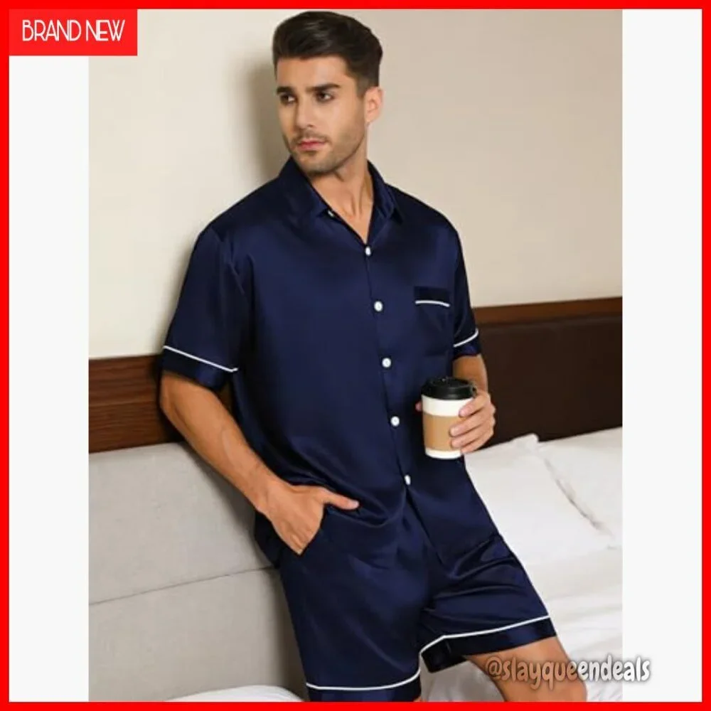 Men's Silk Satin Pajama Set Short Sleeve Button Down Sleepwear with Pockets